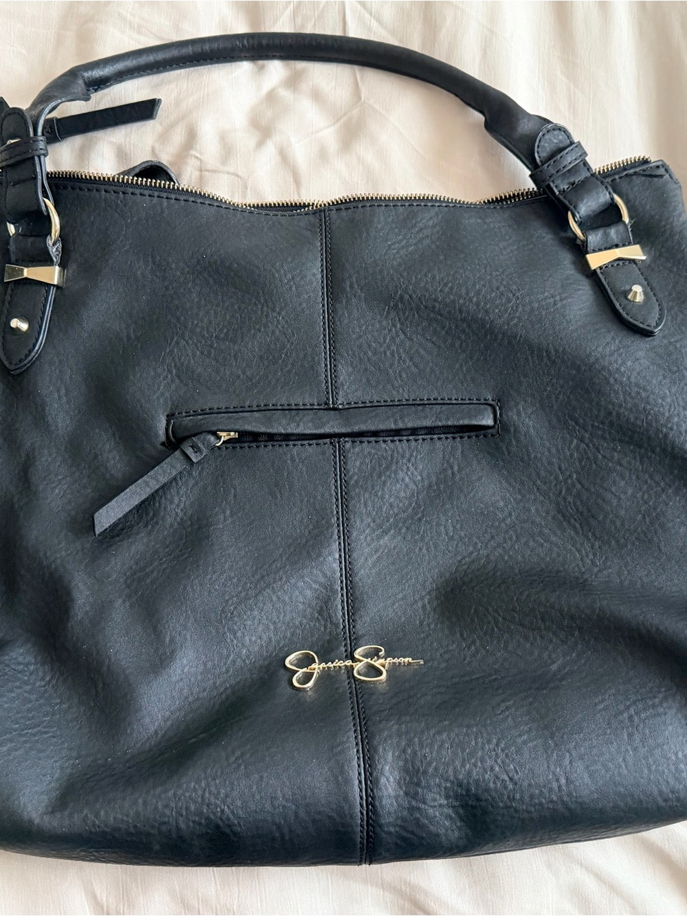 Jessica Simpson Black Faux Leather Shoulder Tote with Gold Logo